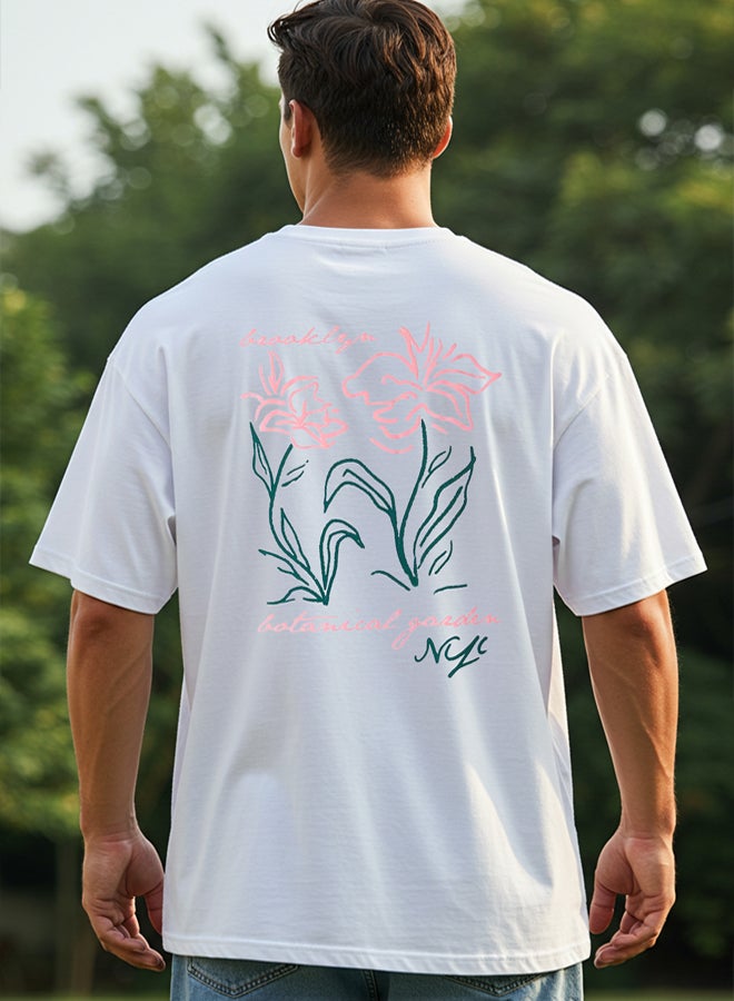 trendyol White Unisex Oversize/Wide Cut Floral Print 100% Cotton T-Shirt - Image 1