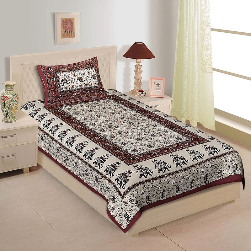 Shop Jaipuri Traditional Rajasthani 144 TC 100 Cotton Single Bedsheet with 1 Pillow Cover
