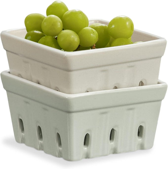CERAMIC BERRY BASKET SQUARE FRUIT BOWLS RUSTIC STONEWARE BERRY COLANDER SET OF 2 57 INCH GRAY LIGHT GREEN