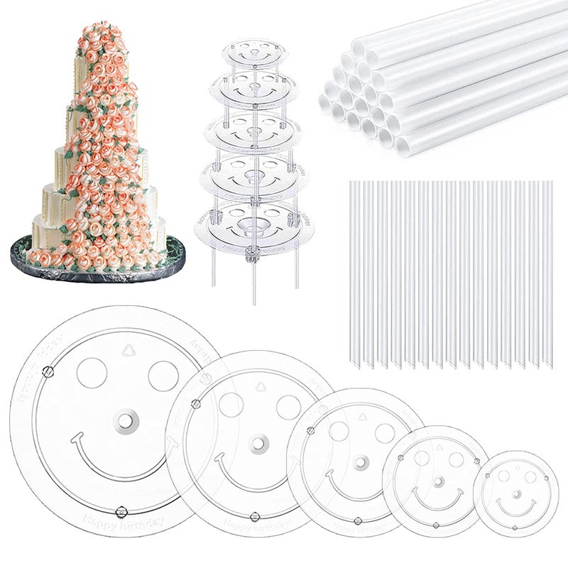 40 Pieces Plastic Cake Dowel Rods Set for Tiered Cakes 20 White Cake Sticks Support Rods 5 Cake Separator Plates for 4 6 8 10 12 Inch Cakes 15 Clear Cake Stacking Dowels