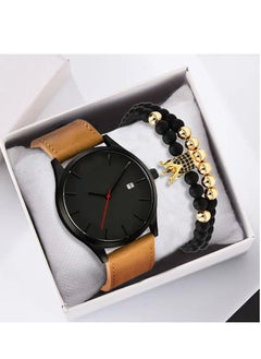 Generic Large-dial men's casual watch. Black face, brown belt, calendar. Free hand string.  - Image 2