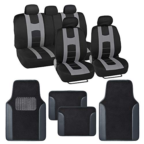 BDK carXS Forza Series Light Gray Seat Covers Full Set Combo with Car Floor Mats – Front and Rear Bench Seat Cover & Floor Mat Protector Set, Interior Covers for Auto Truck Van SUV - Image 1