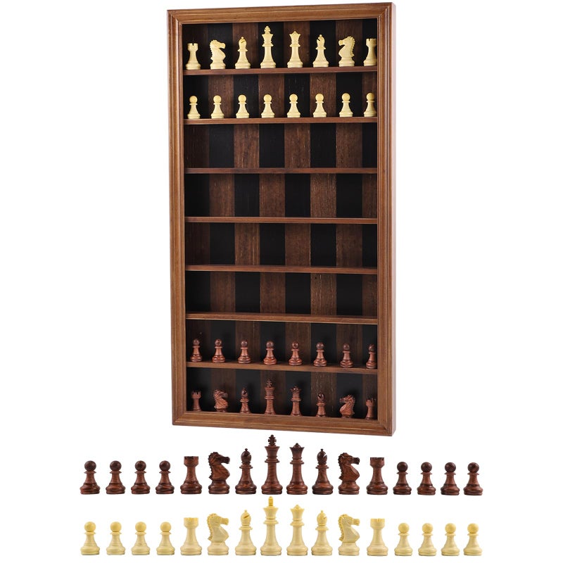 Wahartoly Giant Wall Mounted Board Game Wooden Chess Game Set with A Complete Set of Carved Chess Pieces Vertical Display Cabinet for Home Games Hanging Art Home Decoration Burnt Color - Image 2