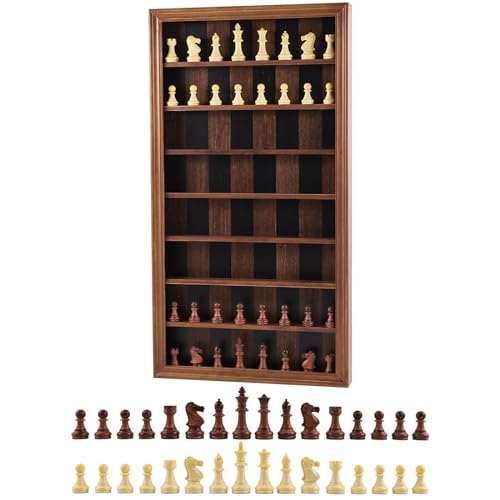 Wahartoly Giant Wall Mounted Board Game Wooden Chess Game Set with A Complete Set of Carved Chess Pieces Vertical Display Cabinet for Home Games Hanging Art Home Decoration Burnt Color - Image 1