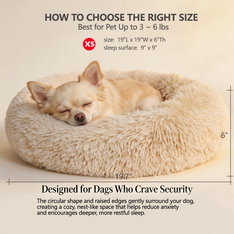 nononfish Calming Donut Dogs Beds for Small Dogs Washable,19inch Fluffy Round Puppy Bed for Puppies,Cats & Toy Breeds with Raised Rim,Fits up to 15 lbs Pets,Beige - Image 3