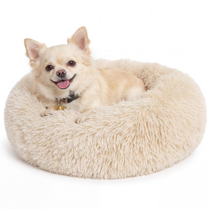 nononfish Calming Donut Dogs Beds for Small Dogs Washable,19inch Fluffy Round Puppy Bed for Puppies,Cats & Toy Breeds with Raised Rim,Fits up to 15 lbs Pets,Beige - Image 1