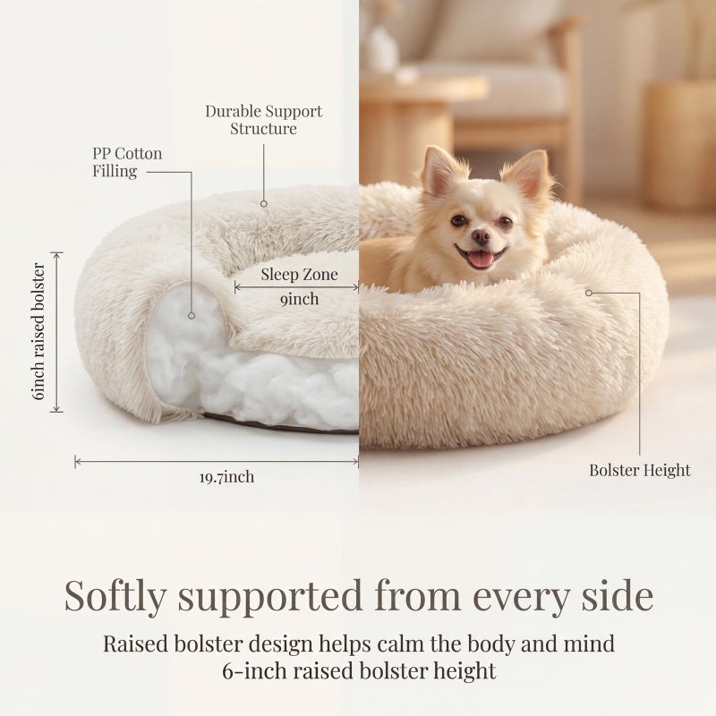 nononfish Calming Donut Dogs Beds for Small Dogs Washable,19inch Fluffy Round Puppy Bed for Puppies,Cats & Toy Breeds with Raised Rim,Fits up to 15 lbs Pets,Beige - Image 4