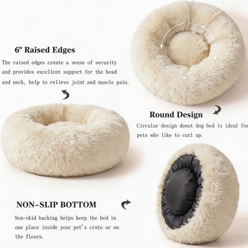 nononfish Calming Donut Dogs Beds for Small Dogs Washable,19inch Fluffy Round Puppy Bed for Puppies,Cats & Toy Breeds with Raised Rim,Fits up to 15 lbs Pets,Beige - Image 5