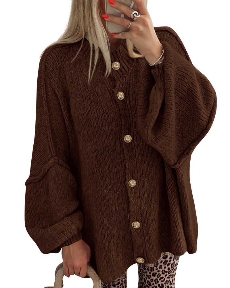 BTFBM Cardigan Sweaters for Women 2026 Fall Clothes Lantern Long Sleeve Button Open Front Chunky Knit Oversized Sweater(Brown, Large) - Image 1