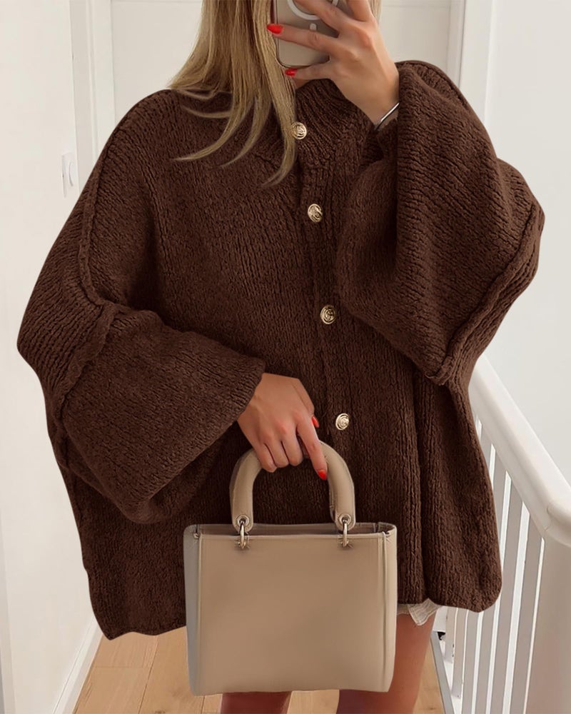 BTFBM Cardigan Sweaters for Women 2026 Fall Clothes Lantern Long Sleeve Button Open Front Chunky Knit Oversized Sweater(Brown, Large) - Image 3