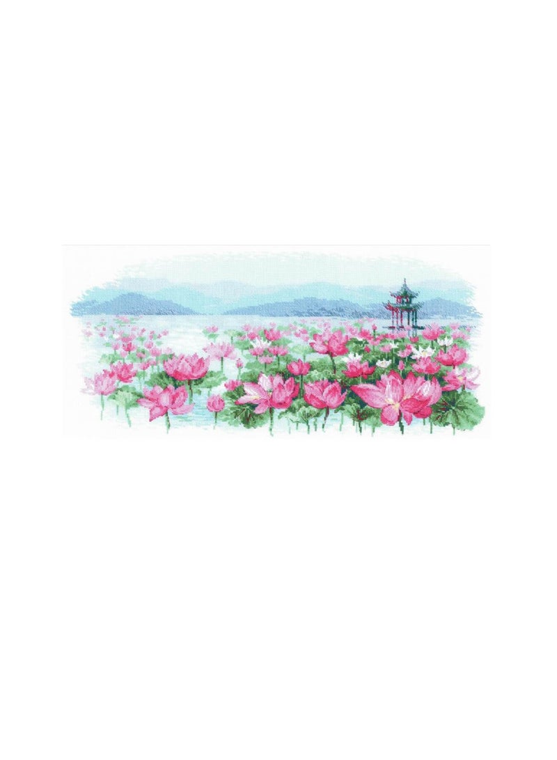 Cross Stitch Kit 21.75in x 9.75in Lotus Field/Pagoda On The Water - Image 2