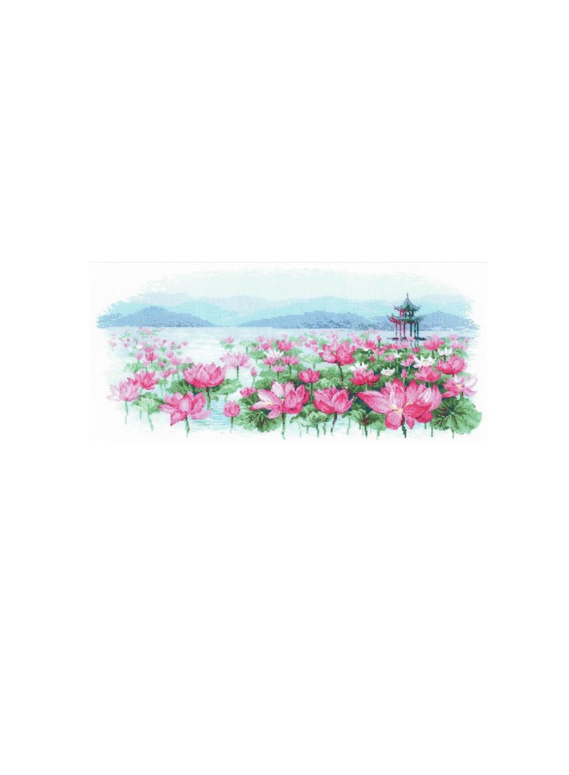 Cross Stitch Kit 21.75in x 9.75in Lotus Field/Pagoda On The Water - Image 1
