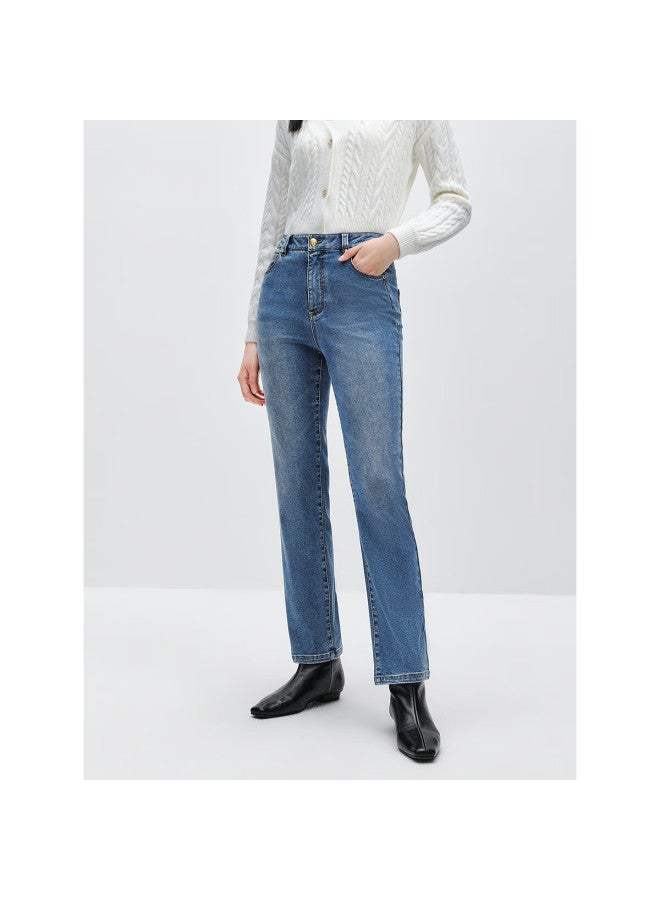 Waxbird Peacebird Women's High-waist Cropped Slim Straight Denim Jeans Autumn Winter Mid-blue Size S - Image 3