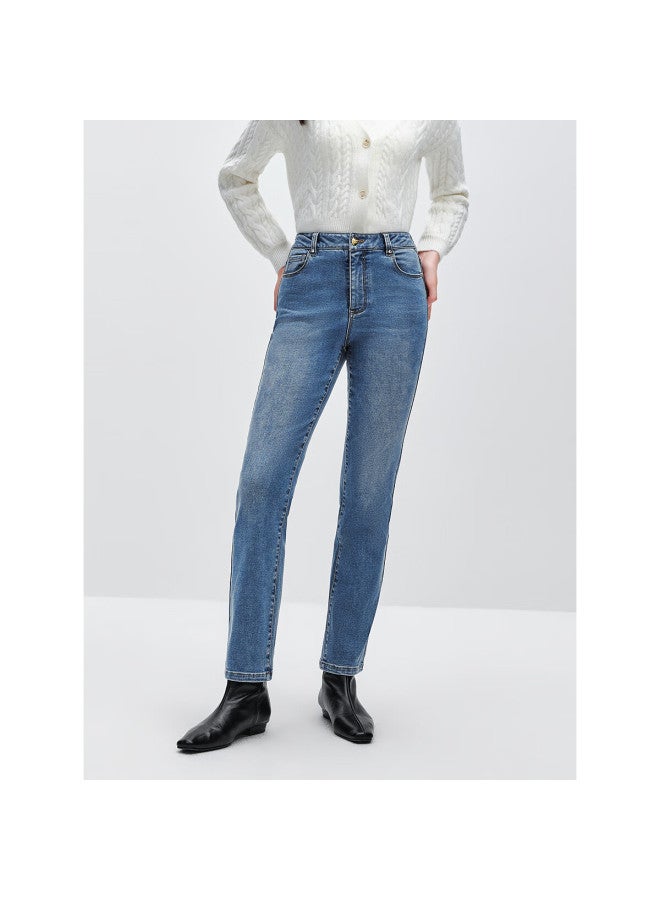 Waxbird Peacebird Women's High-waist Cropped Slim Straight Denim Jeans Autumn Winter Mid-blue Size S - Image 1