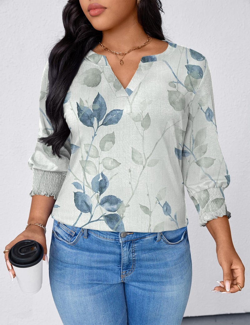 TFSDOD Spring Outfits for Women 2026 Plus Size 3/4 Smocked Sleeve Dressy Tops Summer Peasant Blouses Spring Fashion White Blue Floral 2X - Image 5