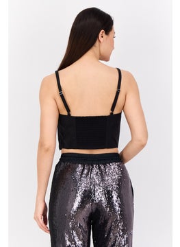 ESPRIT Women Scoop Neck Sleeveless Shirred Cropped Top, Black  - Image 2