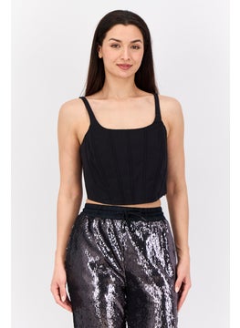 ESPRIT Women Scoop Neck Sleeveless Shirred Cropped Top, Black  - Image 1