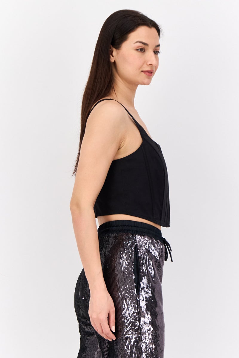 ESPRIT Women Scoop Neck Sleeveless Shirred Cropped Top, Black - Image 2