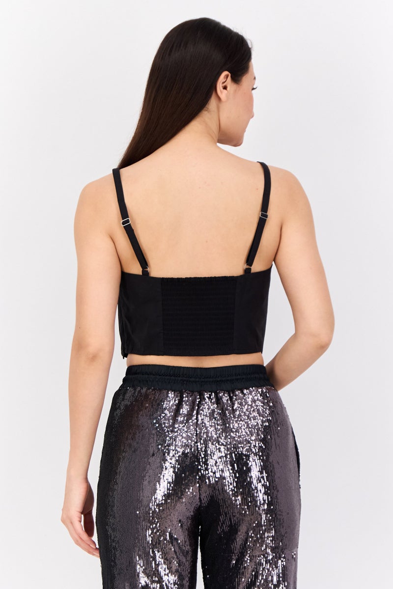ESPRIT Women Scoop Neck Sleeveless Shirred Cropped Top, Black - Image 4