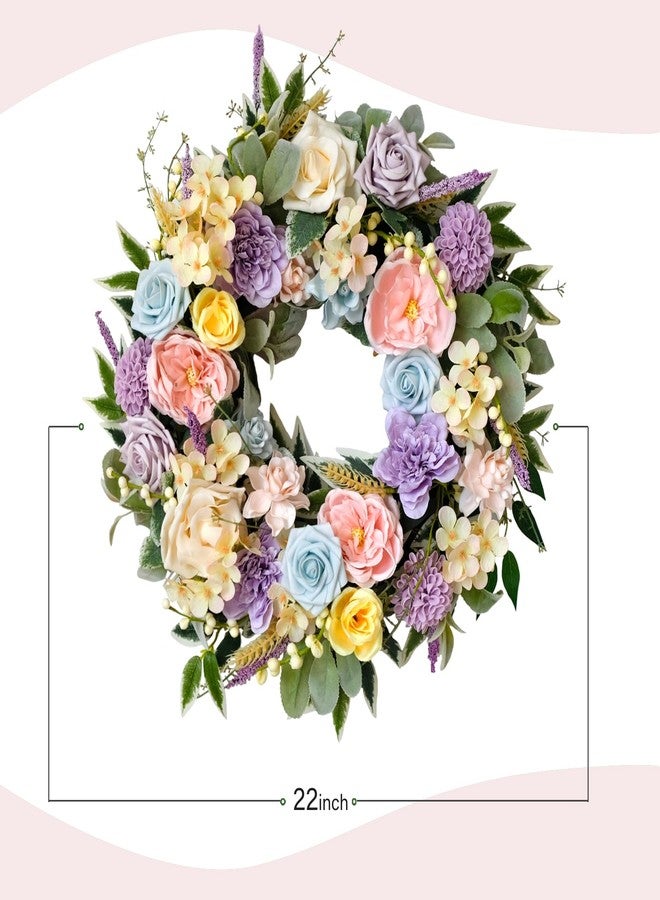 TEMPUS 22 Inch Artificial Morandi Color Wreath Spring/Summer Floral Wreath for Front Door with Rose Dahlias Peonies for Home Porch Wall Valentine Wedding Festival Decor - Image 3