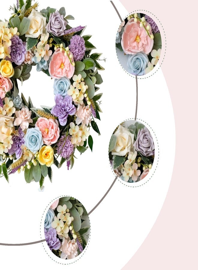 TEMPUS 22 Inch Artificial Morandi Color Wreath Spring/Summer Floral Wreath for Front Door with Rose Dahlias Peonies for Home Porch Wall Valentine Wedding Festival Decor - Image 2