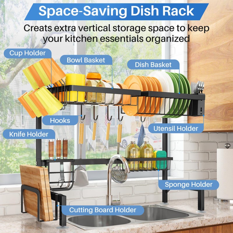 SNTD Over The Sink Dish Drying Rack - Adjustable Dish Rack for Kitchen Counter, Metal (Black) - Image 2