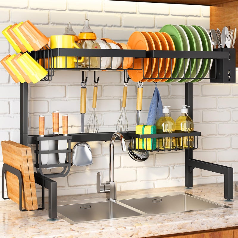 SNTD Over The Sink Dish Drying Rack - Adjustable Dish Rack for Kitchen Counter, Metal (Black) - Image 1