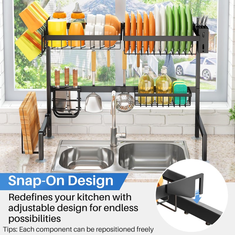 SNTD Over The Sink Dish Drying Rack - Adjustable Dish Rack for Kitchen Counter, Metal (Black) - Image 5