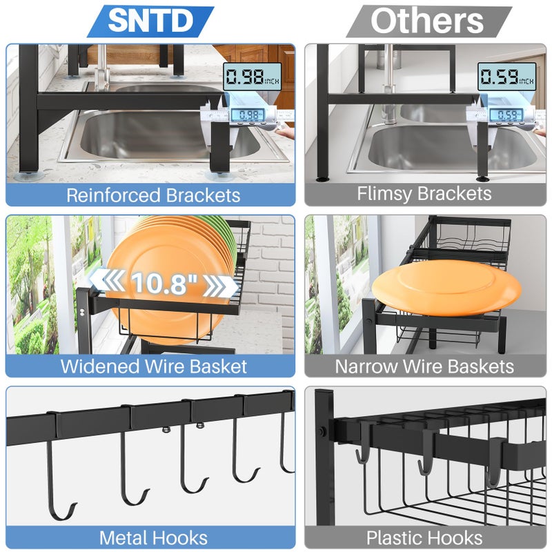 SNTD Over The Sink Dish Drying Rack - Adjustable Dish Rack for Kitchen Counter, Metal (Black) - Image 4