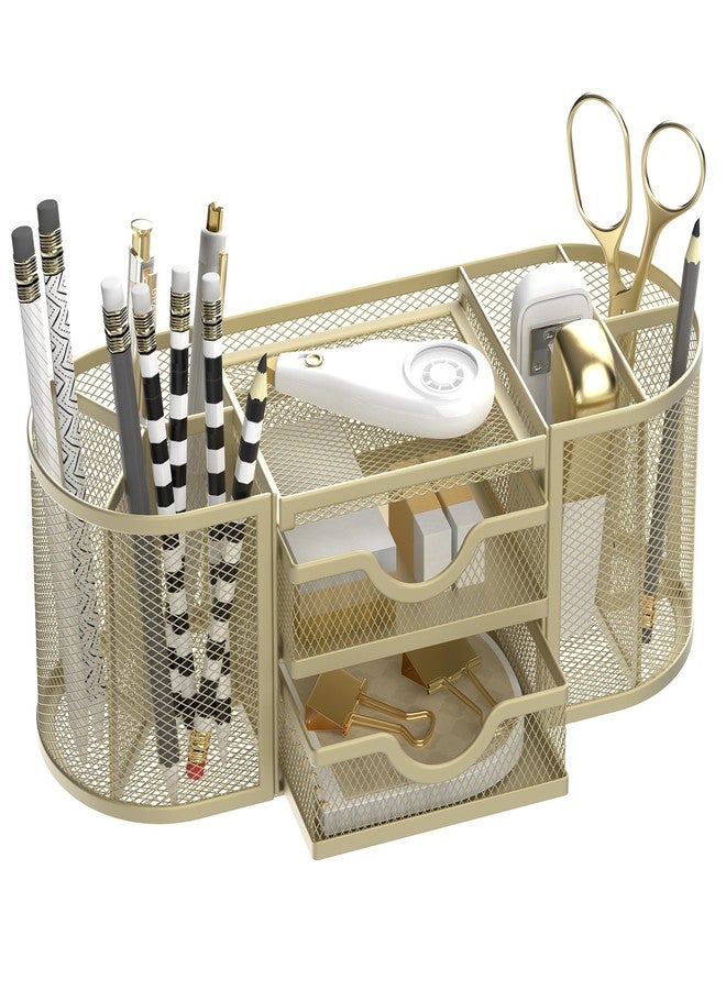 SUPEASY Mesh Desk Organizer, Desk Organizers and Accessories, Pen Holder with Drawers, Pencil Holder for Desk with 2 Drawer for Office Supplies, Golden yellow - Image 1