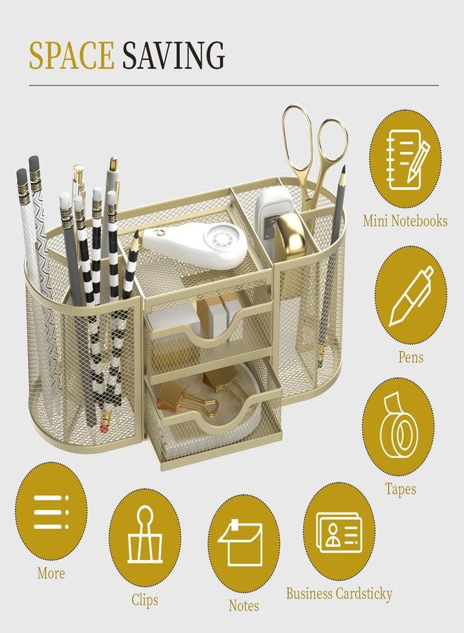 SUPEASY Mesh Desk Organizer, Desk Organizers and Accessories, Pen Holder with Drawers, Pencil Holder for Desk with 2 Drawer for Office Supplies, Golden yellow - Image 4
