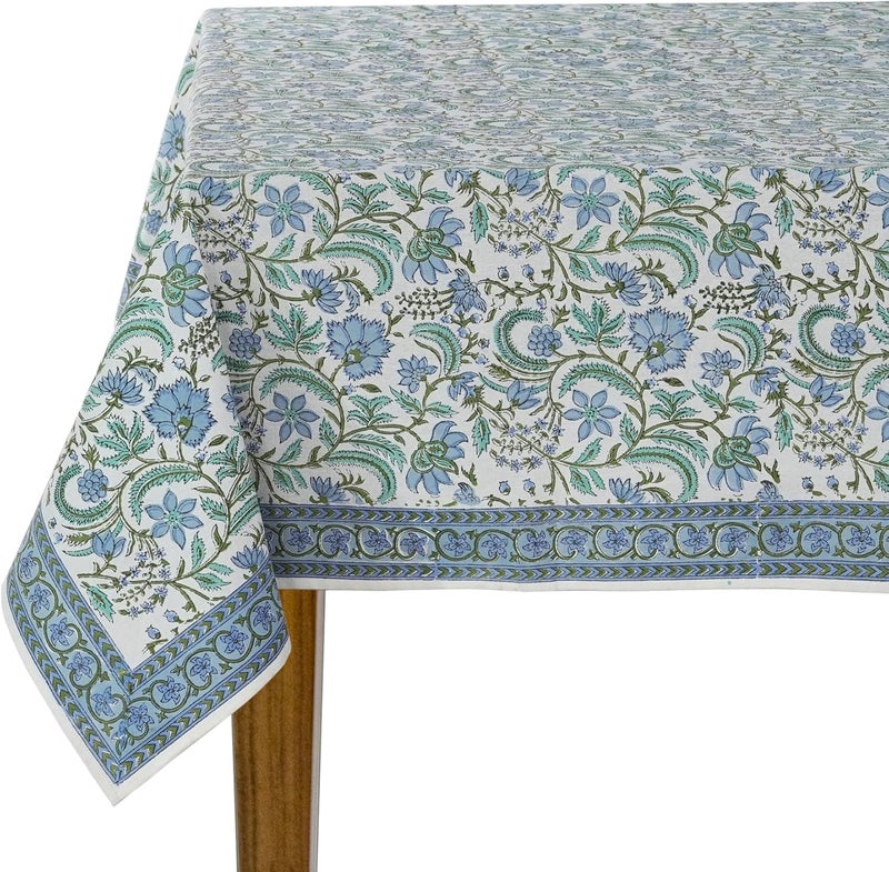 Ridhi Dark Columbia Blue Turquoise Green 70x118 Inches Rectangle 100 Cotton Hand Block Print Washable Decorative Spring Summer PartiesWedding UseFall dcor Farmhouse Dining Dinner Tablecloth - Image 1
