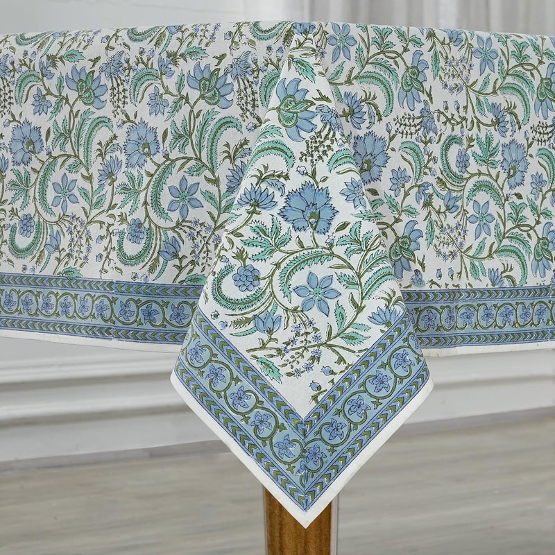 Ridhi Dark Columbia Blue Turquoise Green 70x118 Inches Rectangle 100 Cotton Hand Block Print Washable Decorative Spring Summer PartiesWedding UseFall dcor Farmhouse Dining Dinner Tablecloth - Image 2