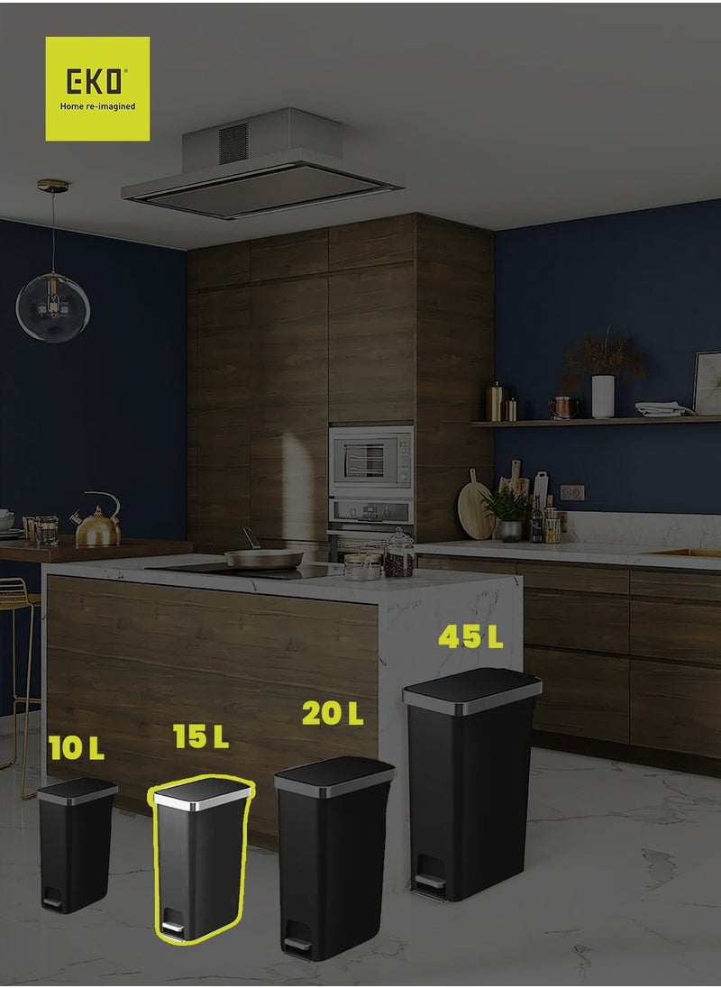 EKO - HANA SLIM SERIES | Brushed Matte Finish | Soft-Closing | Fingerprint-Resistant | Step Trash Bin | Versatile For Kitchens & Bathrooms | 15 Liters | Black - Image 1