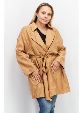 Women Spread Collar Long Sleeve Plain Trench Coat, Brown