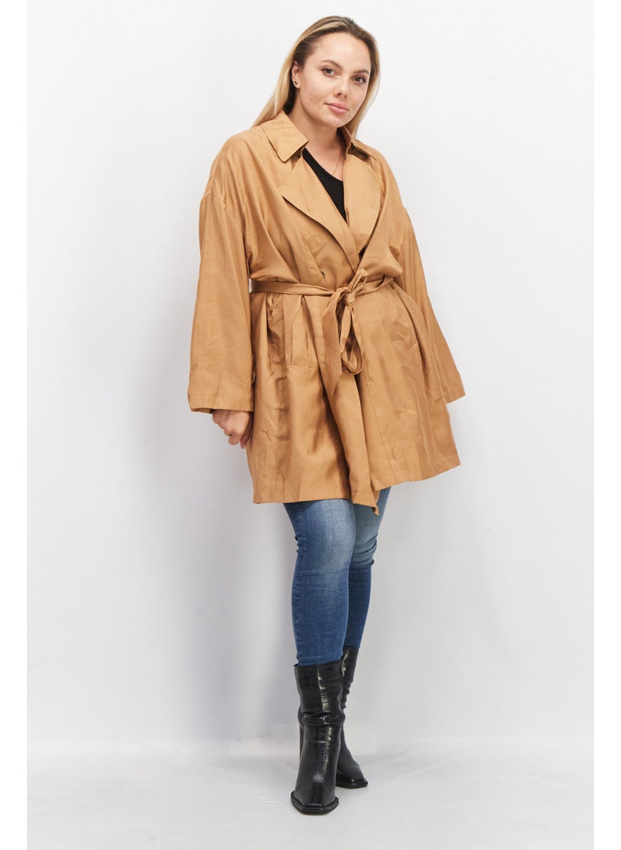 VERO MODA - Women Spread Collar Long Sleeve Plain Trench Coat, Brown - Image 1