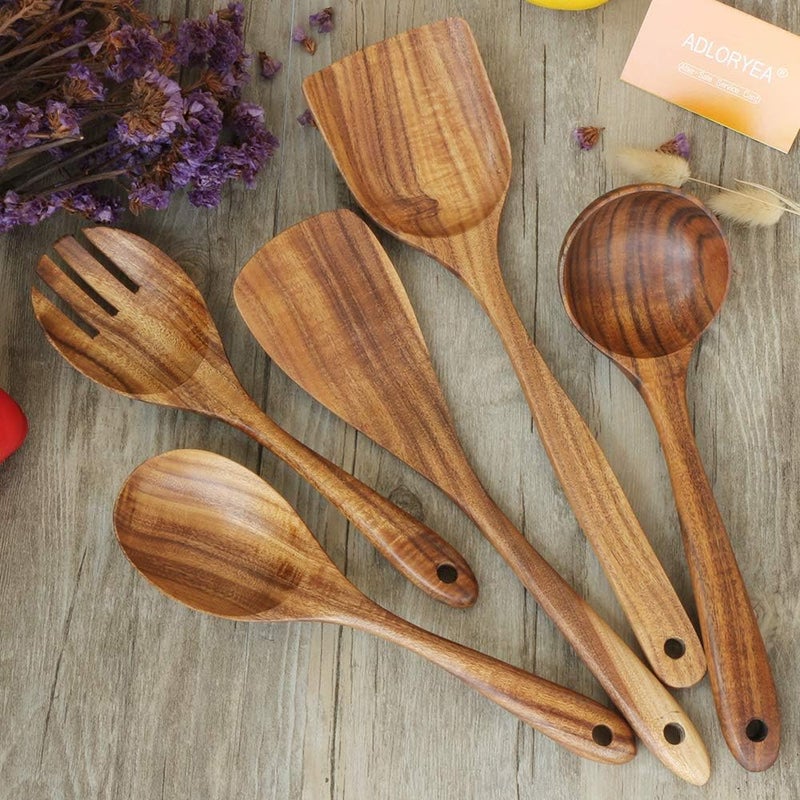 ADLORYEA Wooden Spoons for Cooking, Kitchen Utensils Set for Nonstick Cookware, 5-Piece Wood Spatulas Spoons Kitchen Tools Made by 100% Eco-friendly Natural Teak for Cooking & Serving - Image 2