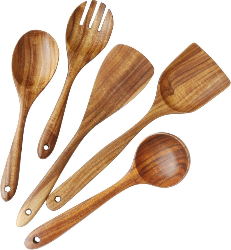 ADLORYEA Wooden Spoons for Cooking, Kitchen Utensils Set for Nonstick Cookware, 5-Piece Wood Spatulas Spoons Kitchen Tools Made by 100% Eco-friendly Natural Teak for Cooking & Serving - Image 1
