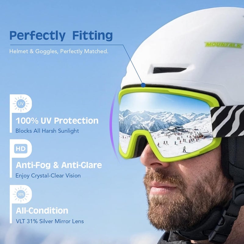 MOUNTALK Ski Helmet and Goggles for Men, Women & Kids - Lightweight in-Mold Snowboard Helmet with Adjustable Venting & OTG Anti-Fog Goggles - All-Weather Silver Mirror Lens - ASTM Certified,White,M - Image 2