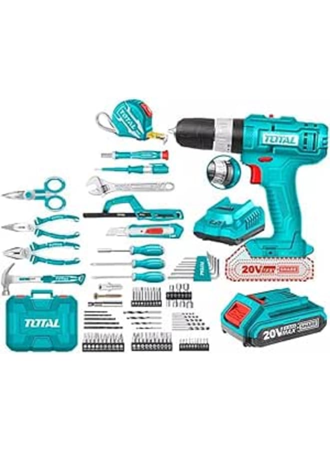 TOTAL Super Total 165-Piece Tool Set with 20V Cordless Impact Drill, Battery & Charger - Complete Home Repair & DIY Kit with Screwdrivers, Wrenches, Pliers, Drill Bits & More - THKTHP11652