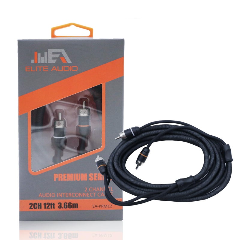 Elite Audio Premium Series 12ft. 2-Channel Car Audio RCA Cable â€“ Double Shielded, Oxygen Free Copper, Noise Reducing Audio Cable for Amplifiers, Subwoofers, Speakers, and Processors â€“ PRM12 - Image 1