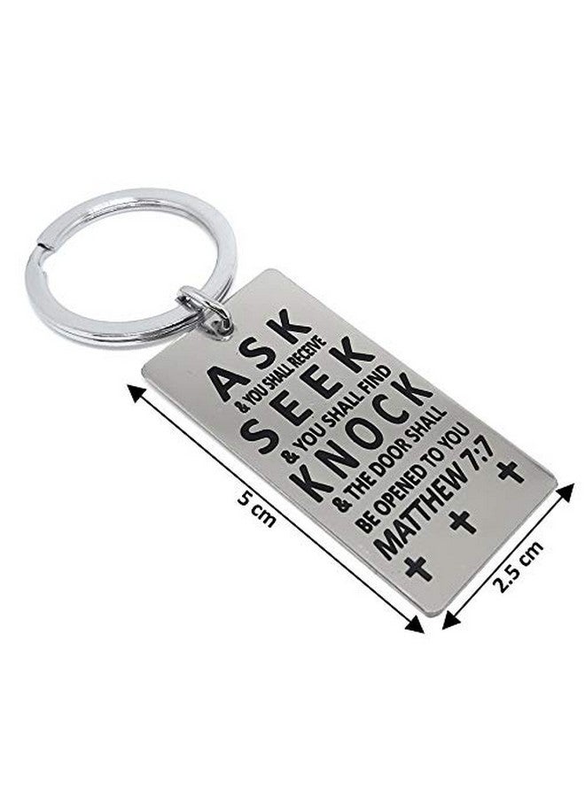 Aura Holy Bible Verses Matthew 7:7 Stainless Steel Silver Key Chain - Image 2
