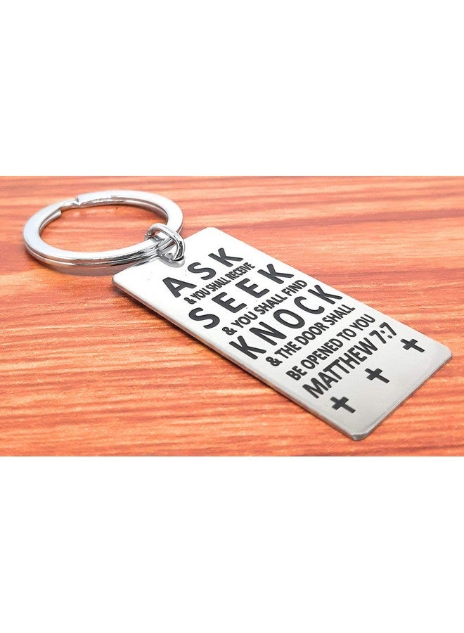 Aura Holy Bible Verses Matthew 7:7 Stainless Steel Silver Key Chain - Image 4