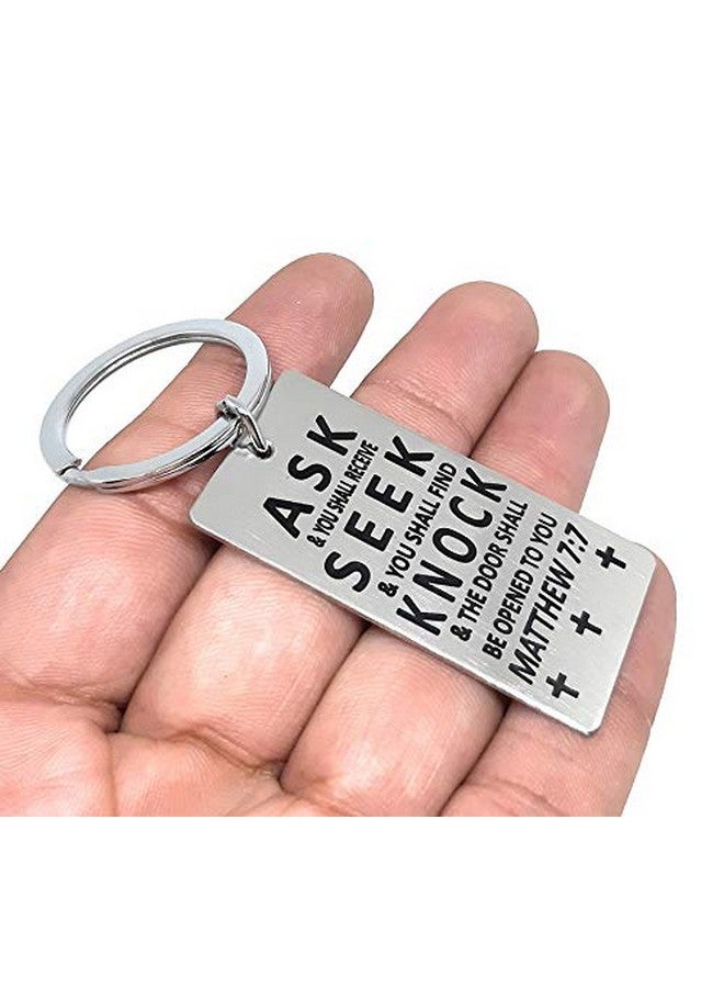 Aura Holy Bible Verses Matthew 7:7 Stainless Steel Silver Key Chain - Image 3