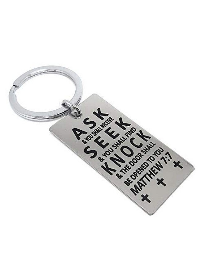 Aura Holy Bible Verses Matthew 7:7 Stainless Steel Silver Key Chain - Image 1
