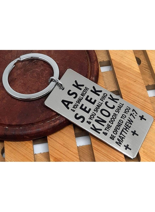 Aura Holy Bible Verses Matthew 7:7 Stainless Steel Silver Key Chain - Image 5