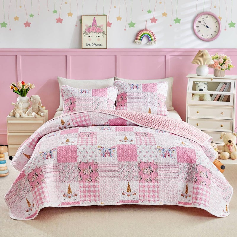 Joyreap Twin Size Quilt Set for Girls, Pink Butterflies n Flowers Patchwork Design, 2 Pieces Soft n Cozy Microfiber Quilt, Bedspread Bed Cover for All Season- 68x88 inches - Image 1