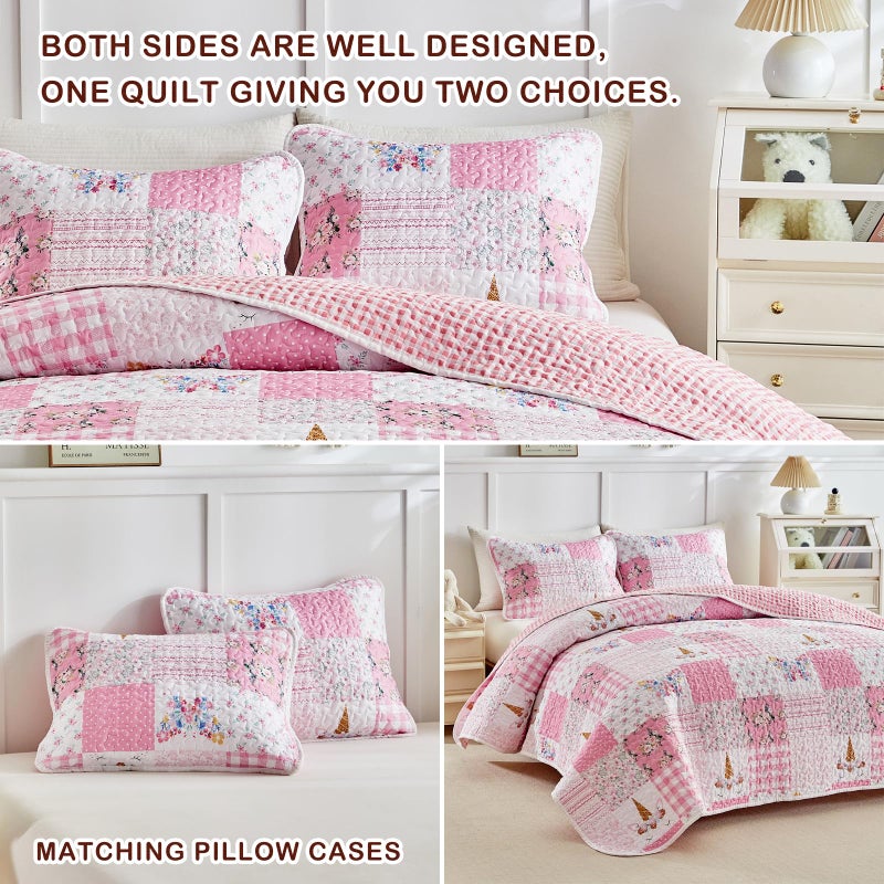 Joyreap Twin Size Quilt Set for Girls, Pink Butterflies n Flowers Patchwork Design, 2 Pieces Soft n Cozy Microfiber Quilt, Bedspread Bed Cover for All Season- 68x88 inches - Image 5