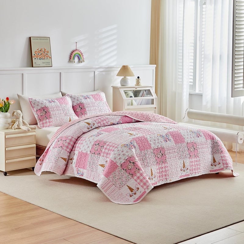 Joyreap Twin Size Quilt Set for Girls, Pink Butterflies n Flowers Patchwork Design, 2 Pieces Soft n Cozy Microfiber Quilt, Bedspread Bed Cover for All Season- 68x88 inches - Image 2