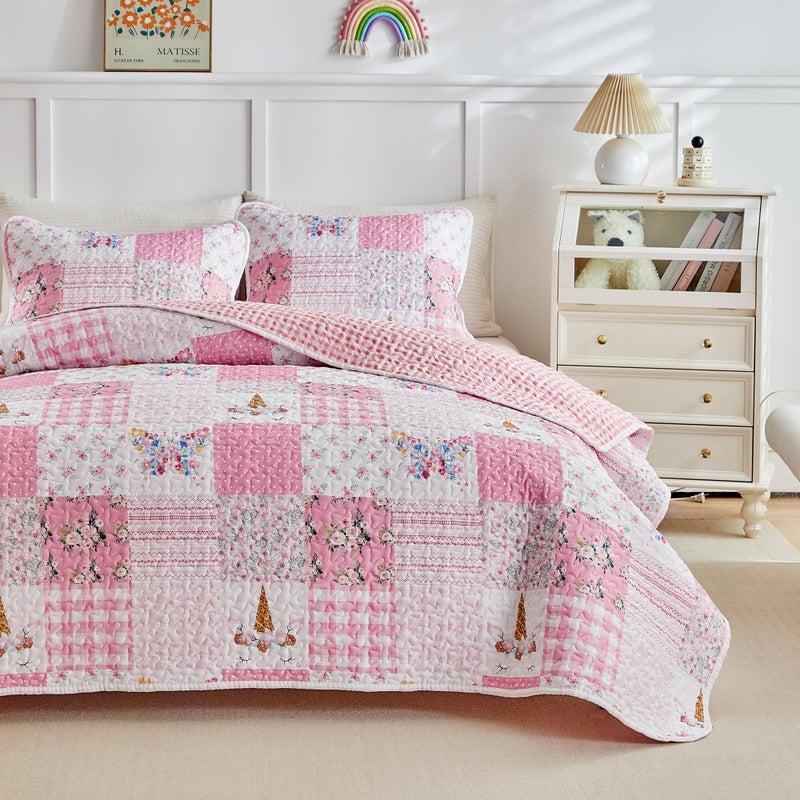 Joyreap Twin Size Quilt Set for Girls, Pink Butterflies n Flowers Patchwork Design, 2 Pieces Soft n Cozy Microfiber Quilt, Bedspread Bed Cover for All Season- 68x88 inches - Image 3